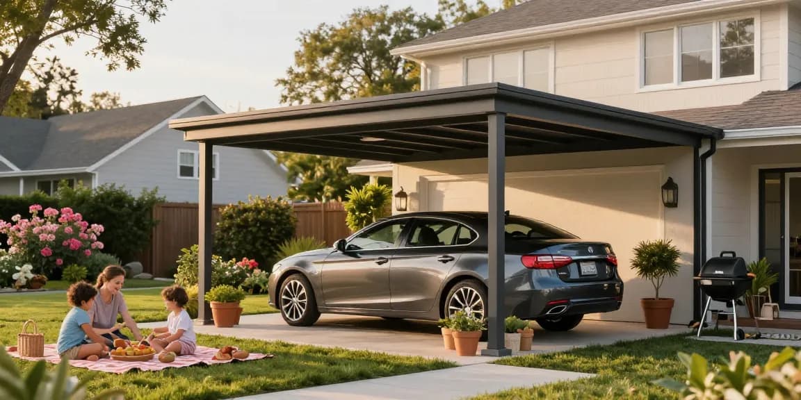 Moderne Carport-Szene mit einem eleganten Auto und Familienpicknick im Hintergrund, sonnige Atmosphäre