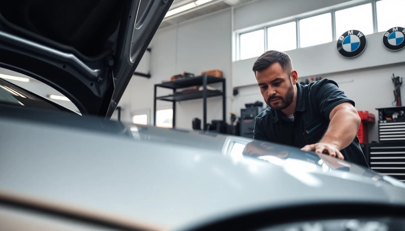 Der BMW Spezialist überprüft sorgfältig die Motorleistung eines BMW in einer modernen Werkstatt.