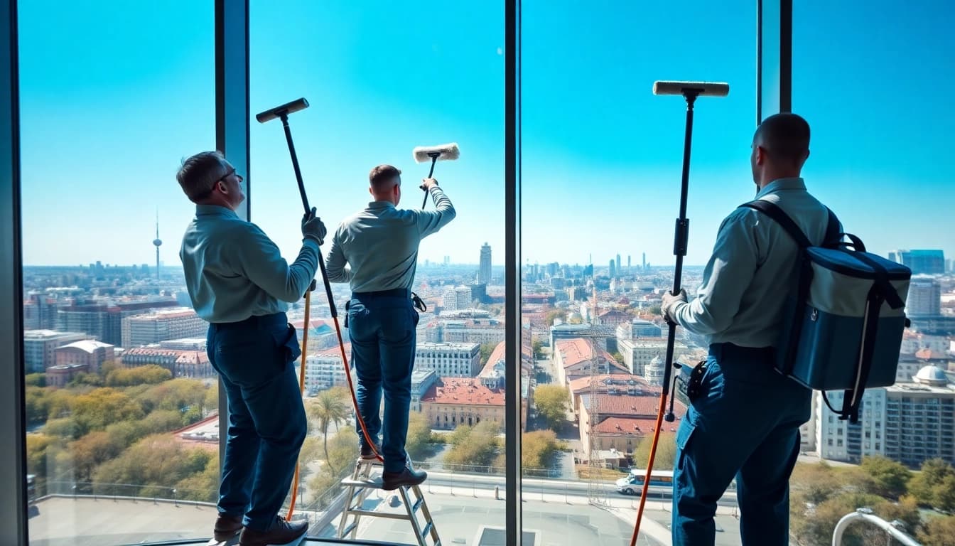 Fensterreinigung Berlin durch professionelle Techniker mit glänzenden Fenstern im modernen Bürogebäude.