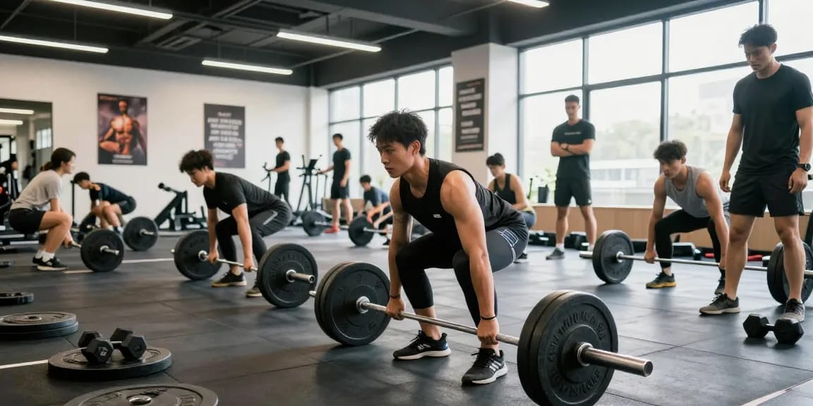 Fitness-Training bei Selliza Shop mit schwer hebenden Athleten im modernen Gym.