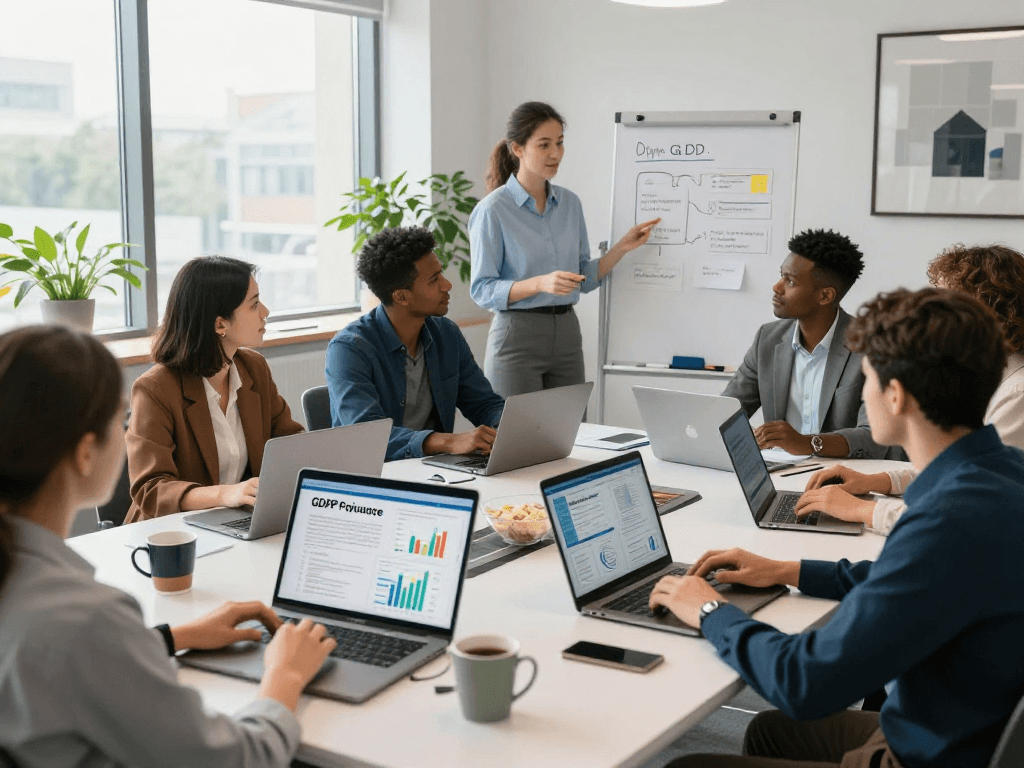 Wissen / Blog-Hub über Datenschutz im modernen Büro mit Teamarbeit und Datenanalytik.