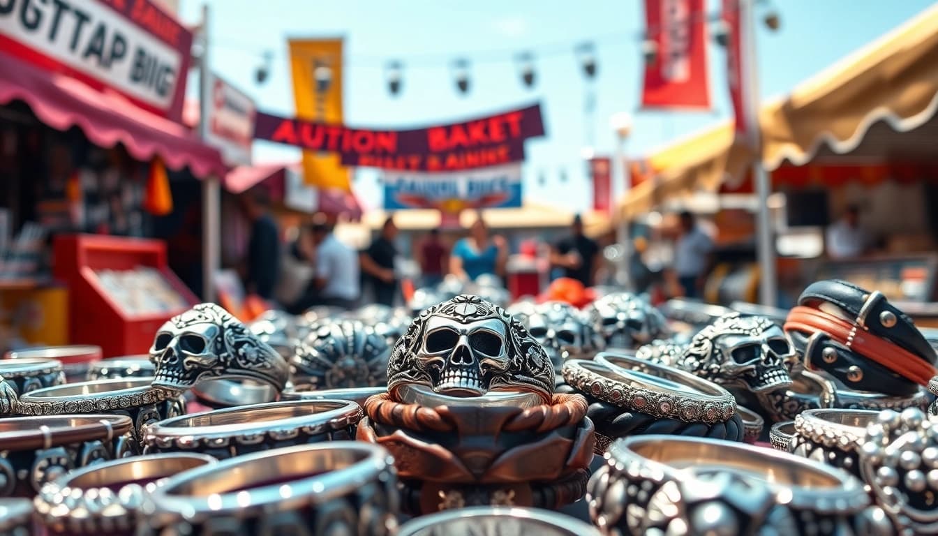Bikerringshop showcases unique biker jewelry with skull designs at a vibrant market.