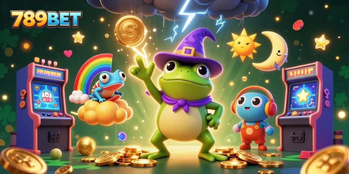 Experience the thrilling world of 789BET with this dynamic 3D casino illustration featuring a frog and chameleon.