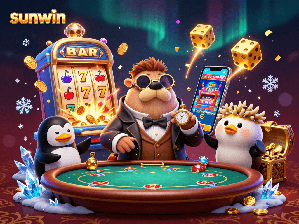 Experience the excitement at sunwin with a walrus at an underwater poker table in this colorful casino scene.