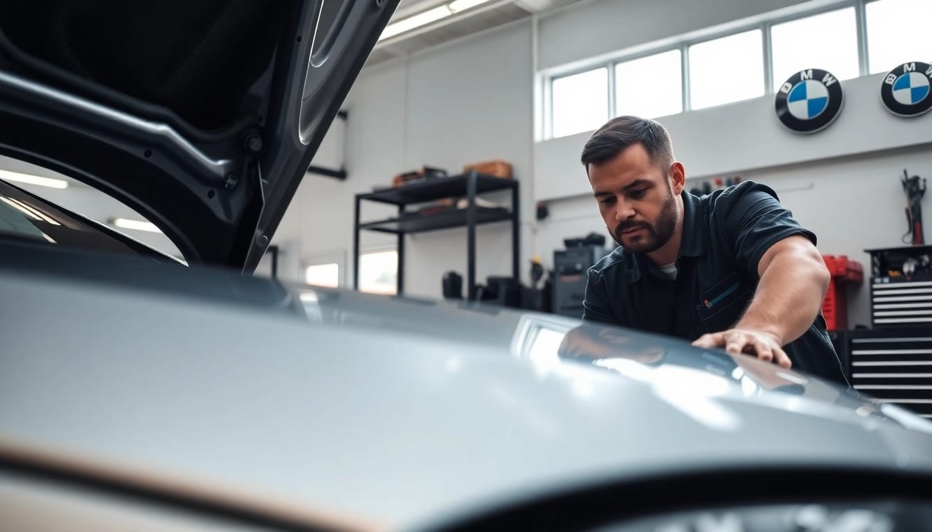 Der BMW Spezialist überprüft sorgfältig die Motorleistung eines BMW in einer modernen Werkstatt.