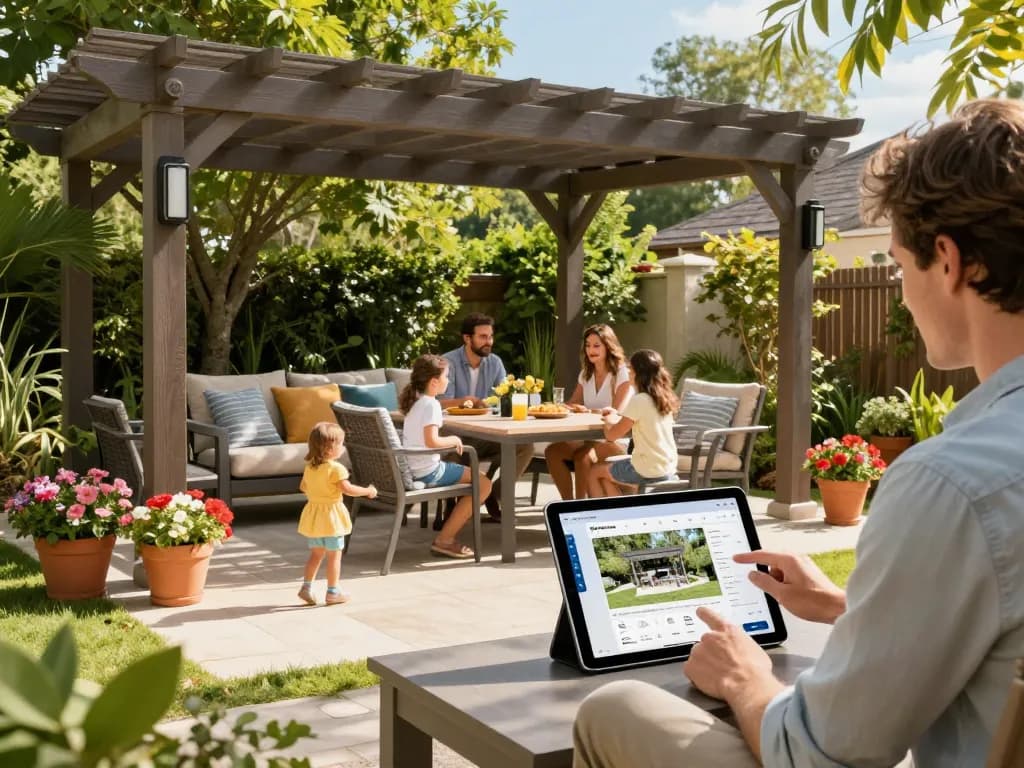 Familie, die ein maßgeschneidertes Pergola-Konfigurator-Design auf einem Tablet an einem sonnigen Patio genießt.