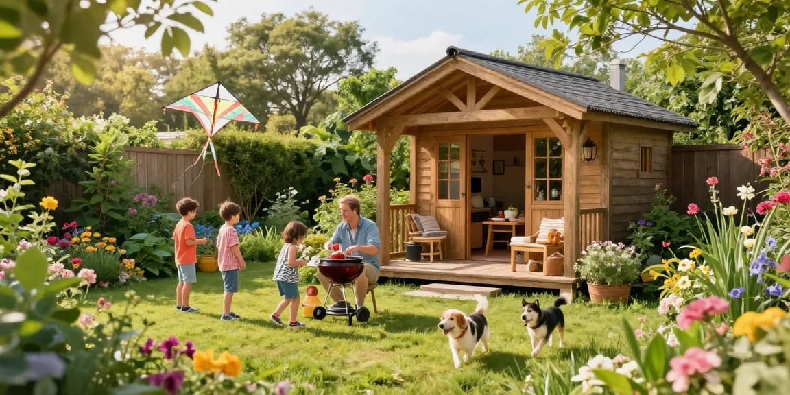 Gartenhäuser aus Holz umgeben von Blumen und spielenden Kindern im Garten