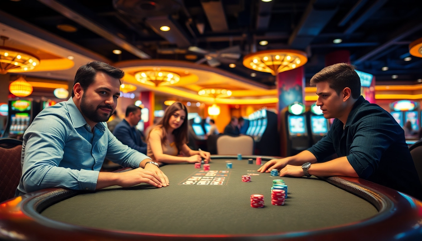 Spannende casinospielen Atmosphäre mit Spielern an einem Poker Tisch und bunten Chips.