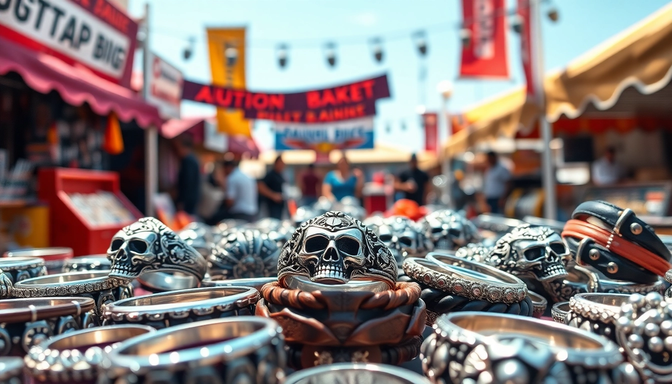Bikerringshop showcases unique biker jewelry with skull designs at a vibrant market.