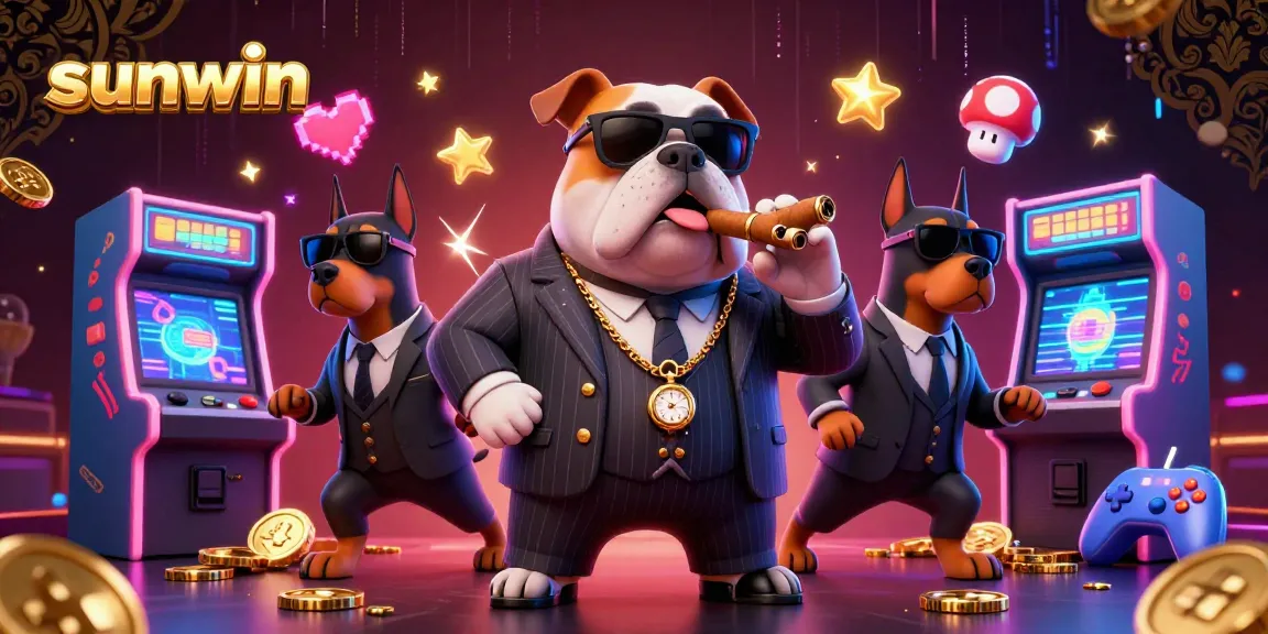 Play exciting games with sunwin featuring a mafia boss bulldog and Doberman bodyguards in a vibrant 3D scene.