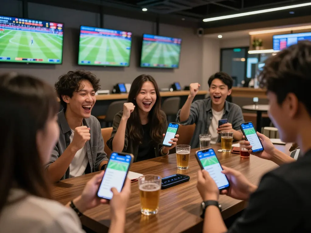 Friends placing bets with keonhacai app in a lively sports betting lounge atmosphere.