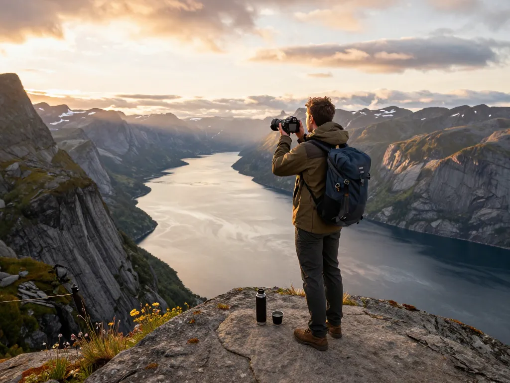 Beeindruckender Ausblick während des Urlaubs in Skandinavien mit Reisendem an Fjorden, der die malerische Landschaft einfängt.