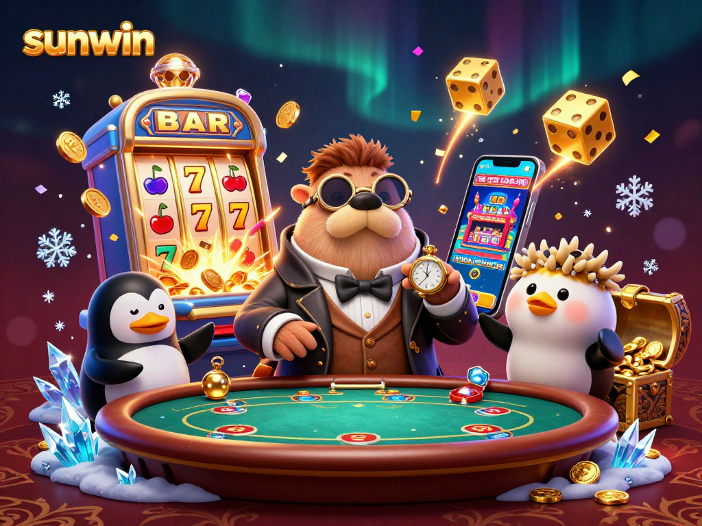 Experience the excitement at sunwin with a walrus at an underwater poker table in this colorful casino scene.
