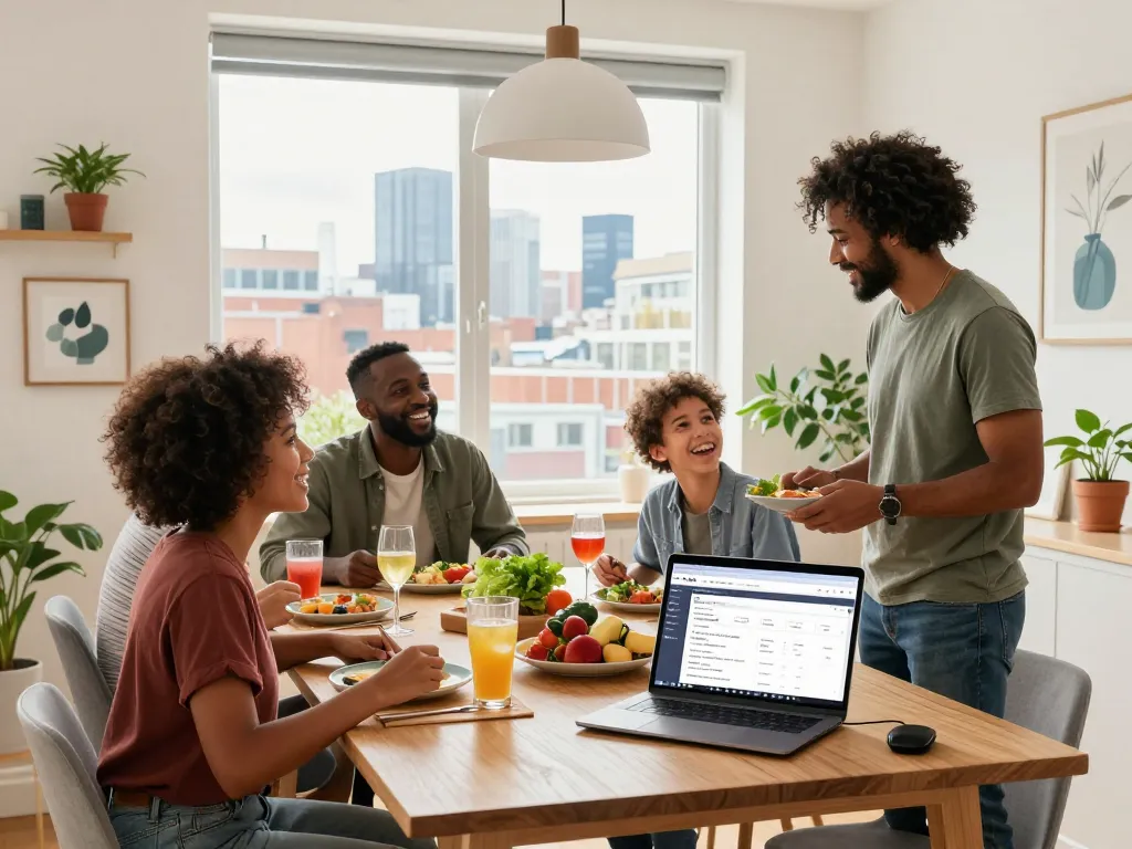 Airbnb management Sheffield scene with guests enjoying a stylish rental and host guidance.