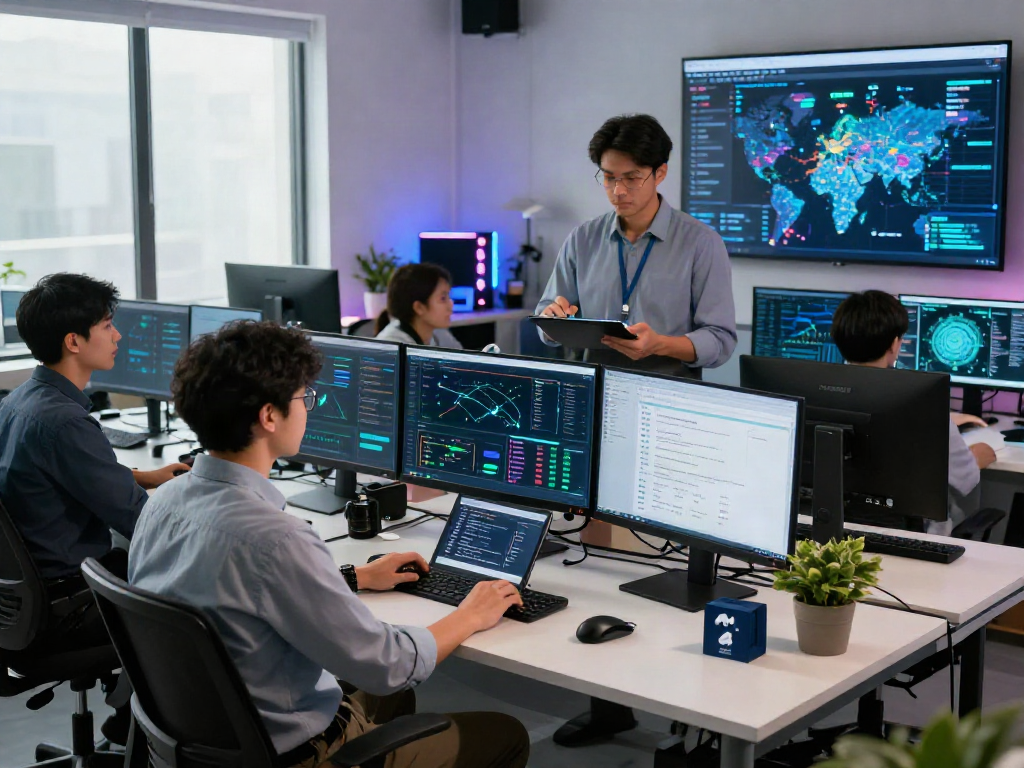 IT-Sicherheitsfirma analysiert Bedrohungen in einem modernen Cybersecurity-Büro mit mehreren Monitoren.