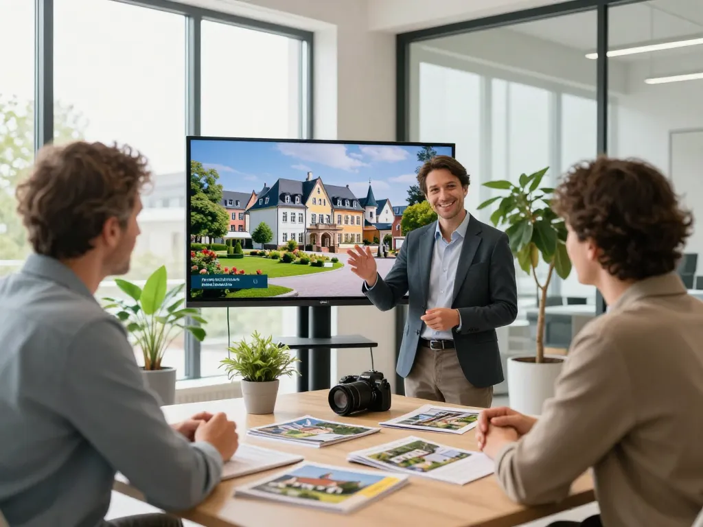 Immobilienmakler Frankfurt Eschersheim, der Kunden durch Immobilienoptionen in einem modernen Büro führt