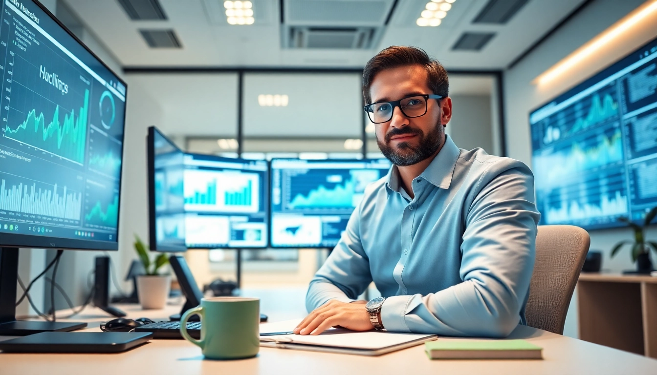 IT Consulting expert collaborating in a modern workspace with technology.