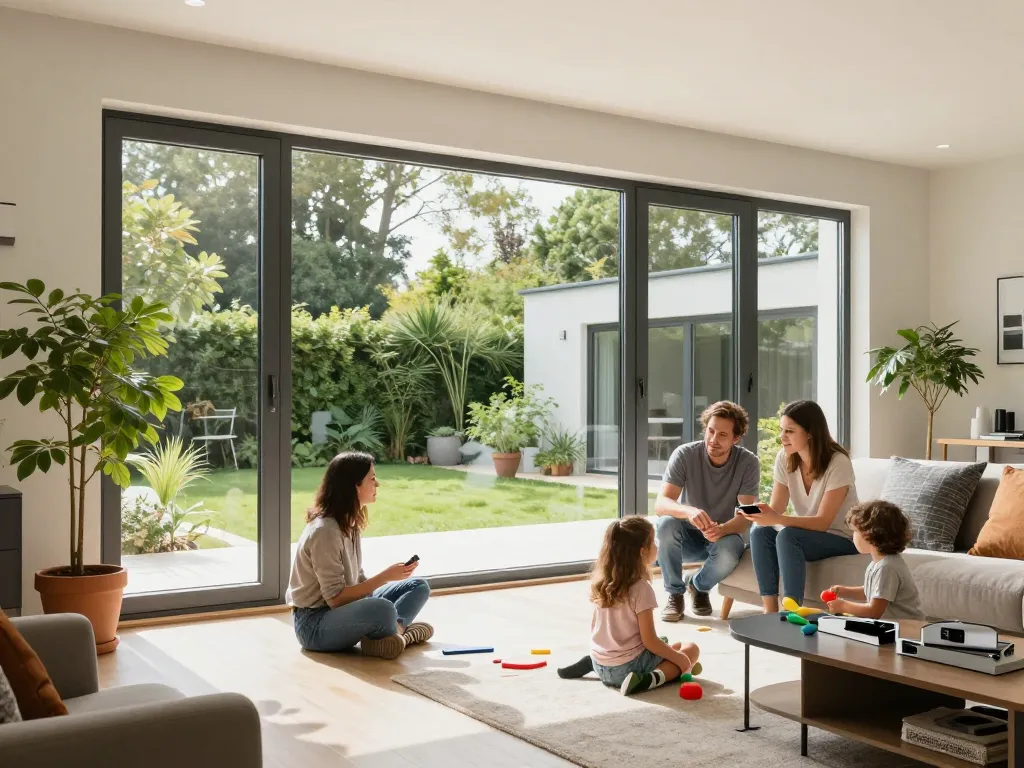Familie diskutiert Ideen zur Wohnrenovierung mit hellen Fenster Schüco im modernen Wohnzimmer.