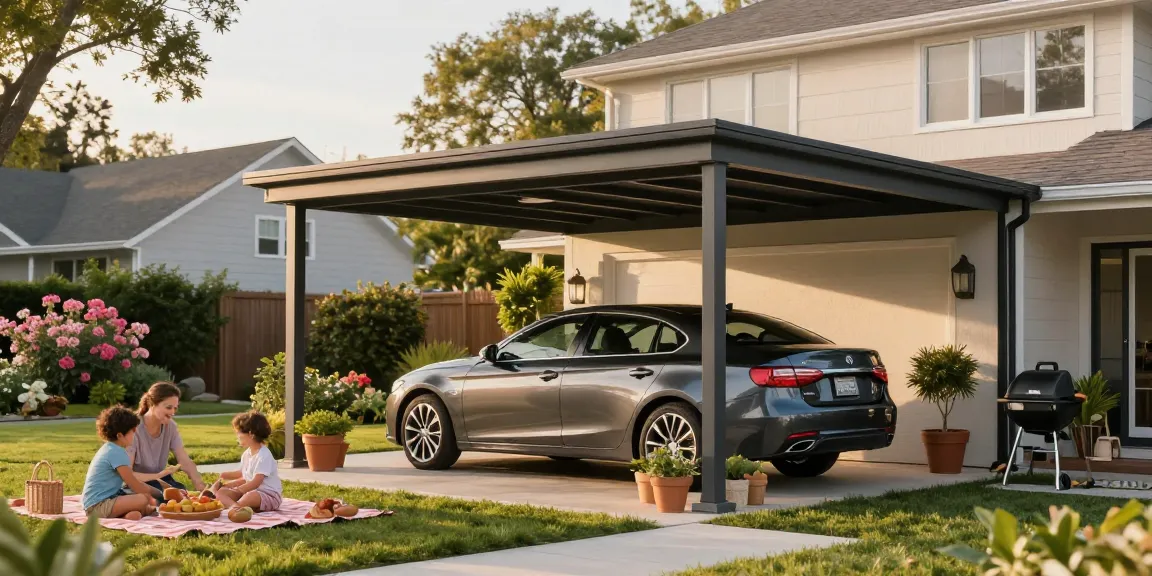 Moderne Carport-Szene mit einem eleganten Auto und Familienpicknick im Hintergrund, sonnige Atmosphäre