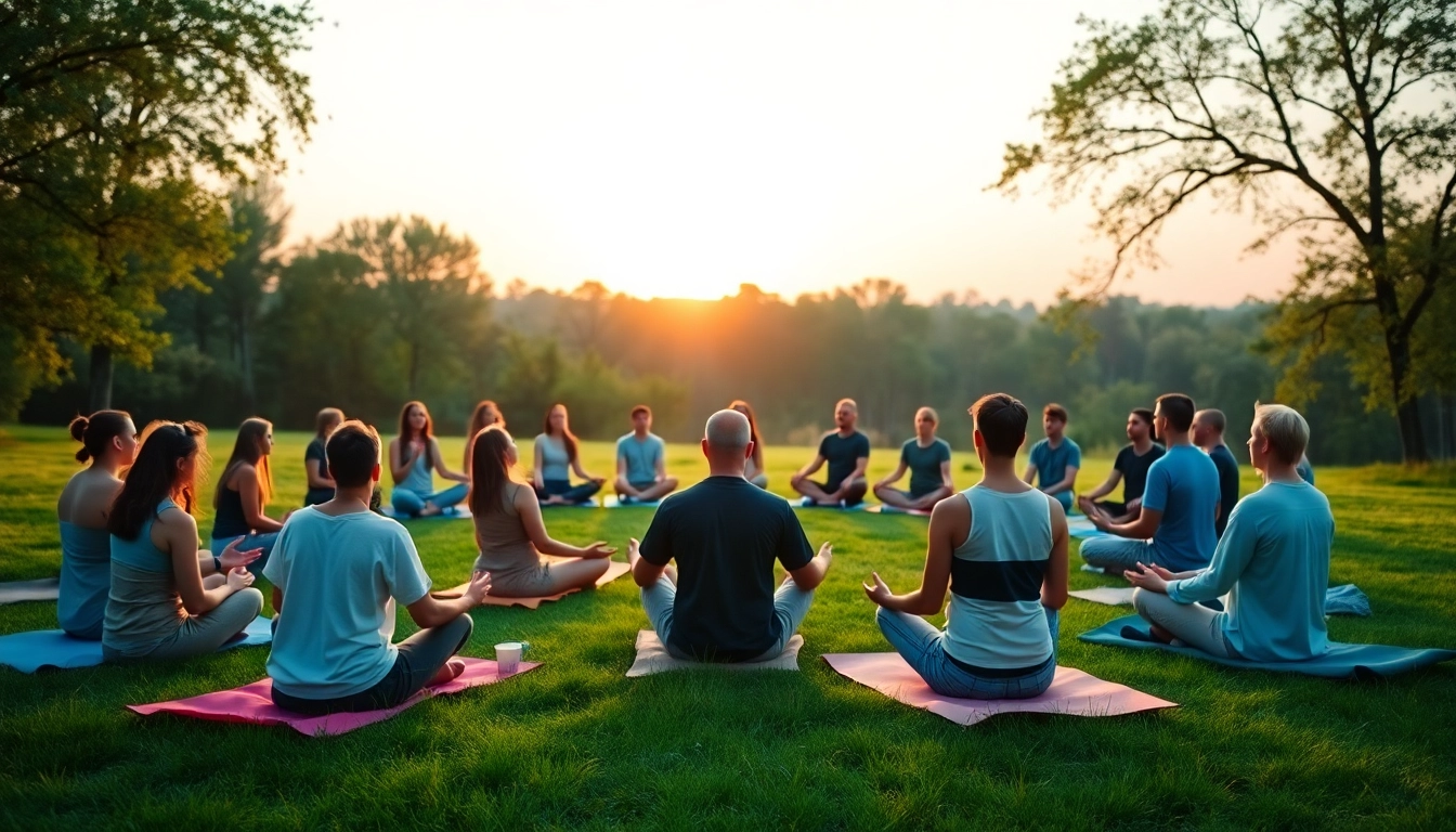 Spirituelle Seminare: Participants meditating peacefully in a serene outdoor setting.