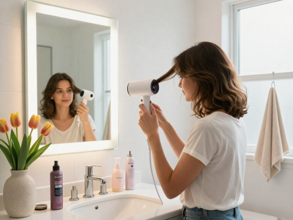 The woman uses a mini blow dryer for a stylish hairstyle in a bright bathroom.