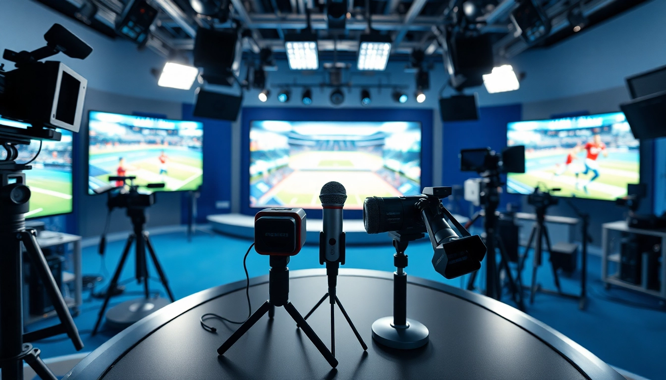 Sports Broadcasting setup with modern technology and vibrant screens in a professional studio.