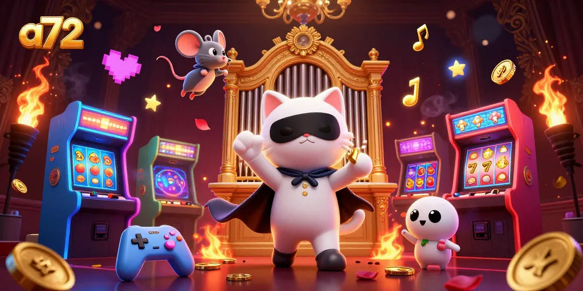 Engage in the vibrant a72 casino scene with a captivating cat, mouse acrobat, and animated slot elements.