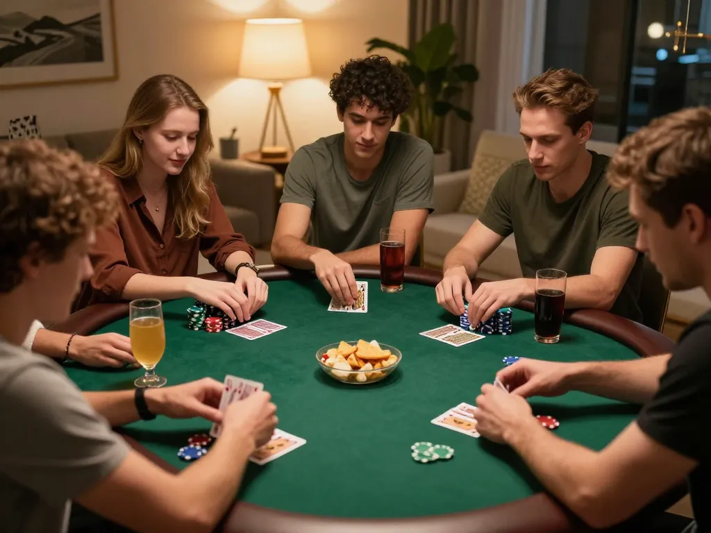 Friends enjoying a poker night at home, showcasing F8beta2 gaming atmosphere and strategic engagement