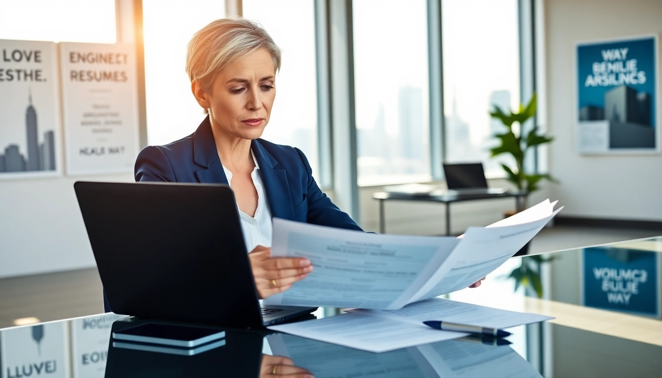 Headhunter Ingenieure analyzes engineering resumes in modern office setting.