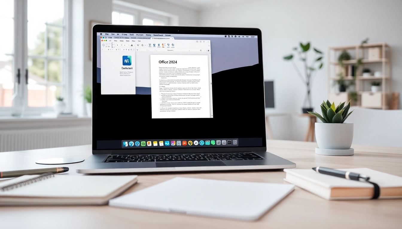 Arbeiten mit Office 2024 Mac Version ohne Abonnement auf einem modernen MacBook in einem stilvollen Büro.