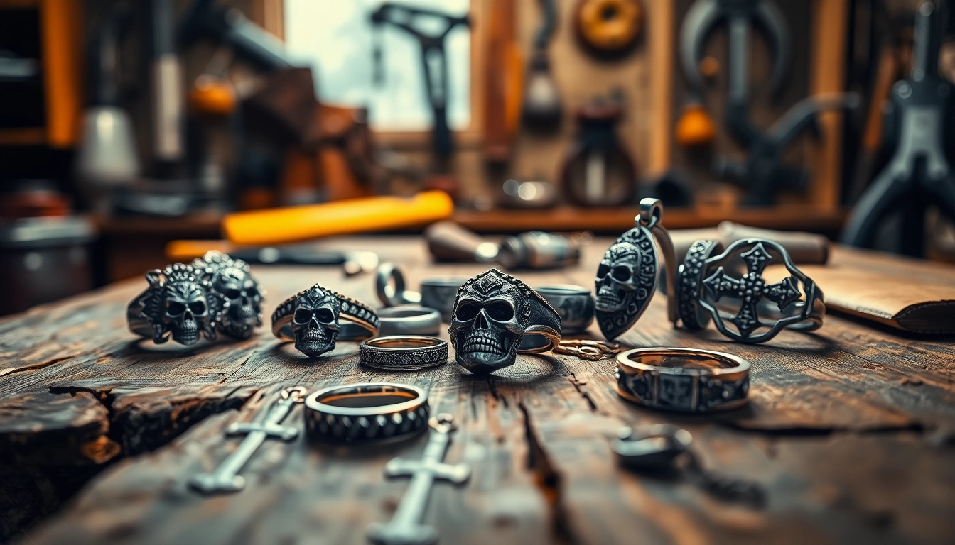 Bikerringshop showcasing unique biker jewelry on a wooden table, reflecting craftsmanship.