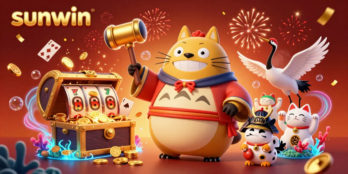Engage with sunwin through a vibrant 3D casino illustration featuring cheerful characters and dynamic gaming elements.