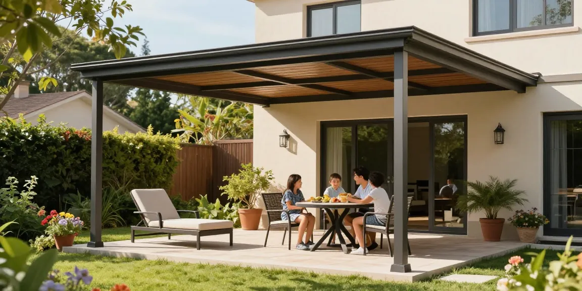 Terrassenüberdachung freistehend im Garten mit Familie, entspannende Atmosphäre und gemütlichem Mobiliar.