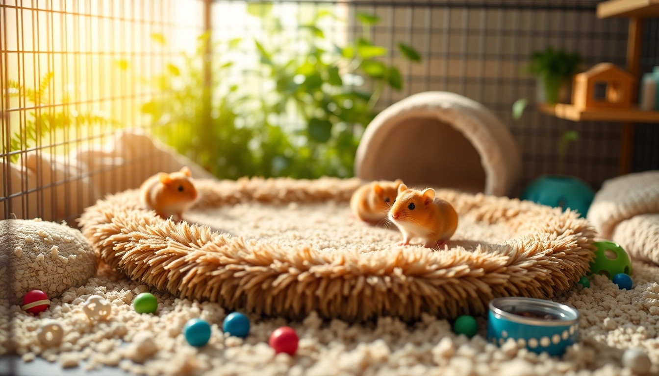 Nagermatte in einem Käfig für Hamster mit kuscheligen Texturen und lebhaften Elementen.