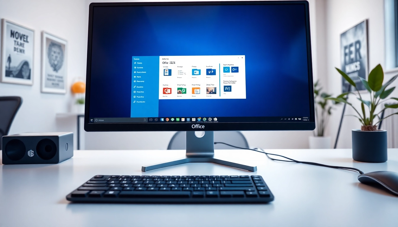 Ein Bildschirm zeigt Office 2024 Professional Plus für PC in einem modernen Büro mit stilvollem Computer-Setup.