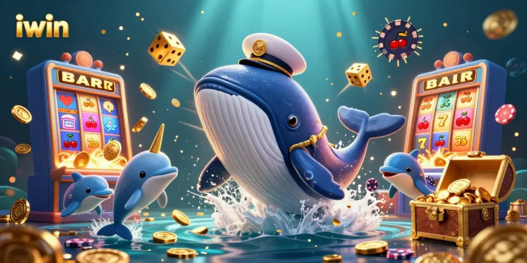 Play exciting games with iwin while enjoying a 3D illustration of animated sea creatures and casino elements.