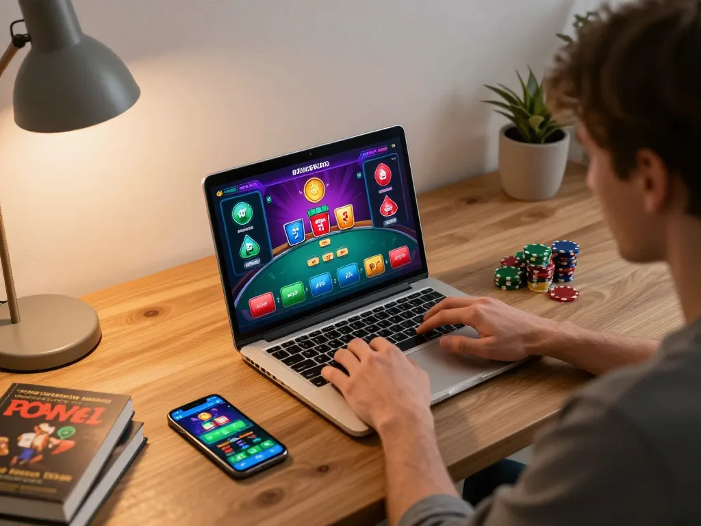 Player engaging in dynamic poker gameplay on F8beta2, showcasing an interactive gaming setup with colorful casino icons.