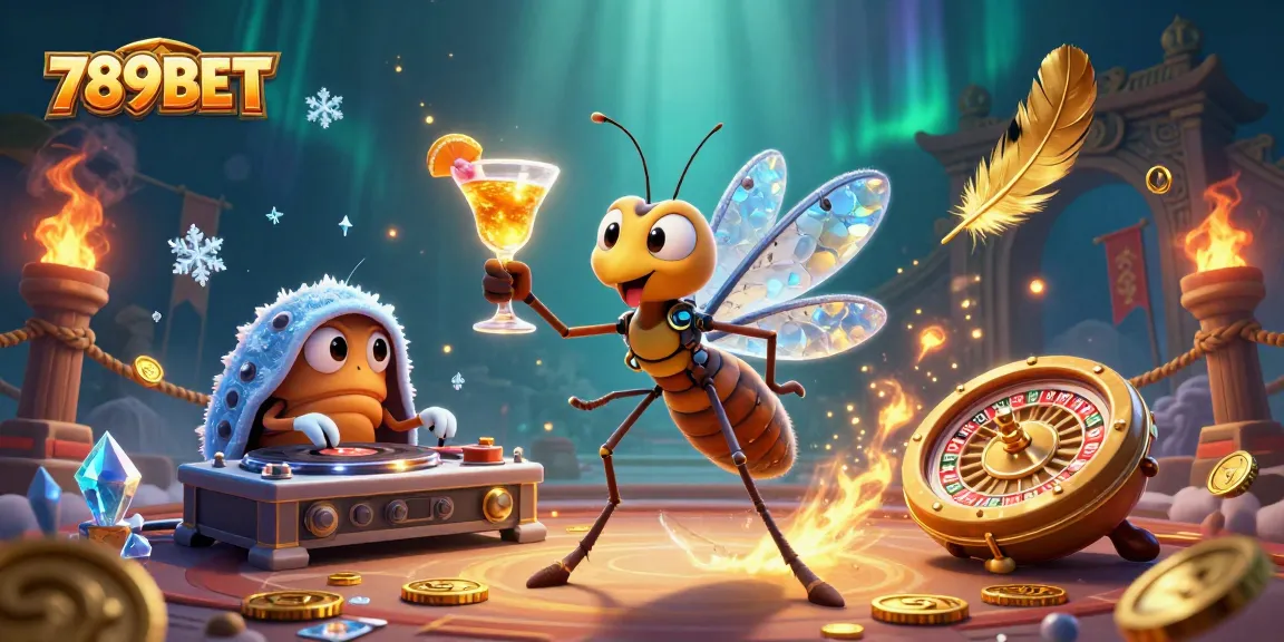 Experience the excitement of 789BET with a 3D illustration featuring a mosquito mascot, a trilobite DJ, and golden roulette elements.