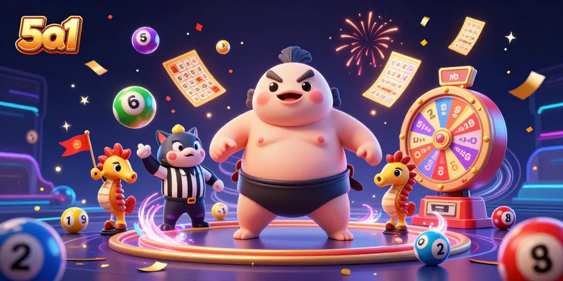 Engage with 5a1's vibrant lottery scene featuring a colorful fugu, catfish referee, and lively seahorse spectators.