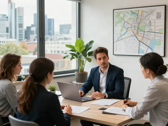 Bester Immobilienmakler Frankfurt berät Kunden in modernem Büro mit urbanem Ausblick.