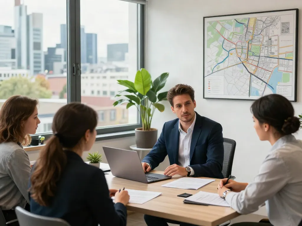 Bester Immobilienmakler Frankfurt berät Kunden in modernem Büro mit urbanem Ausblick.