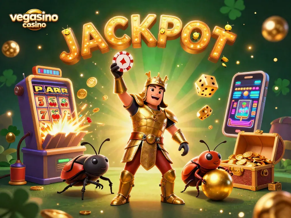Win big at vegasino casino with animated characters celebrating a jackpot in a vibrant casino scene.