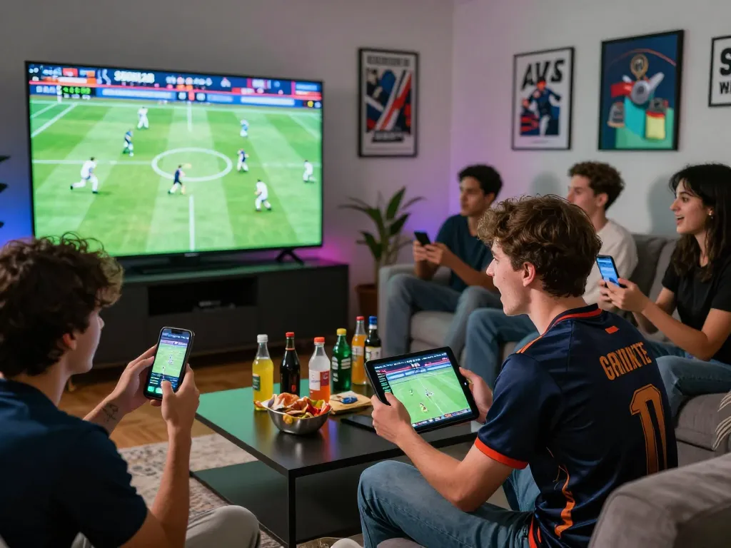 SBOBET sports betting scene with friends enjoying a live match, showcasing excitement and engagement.