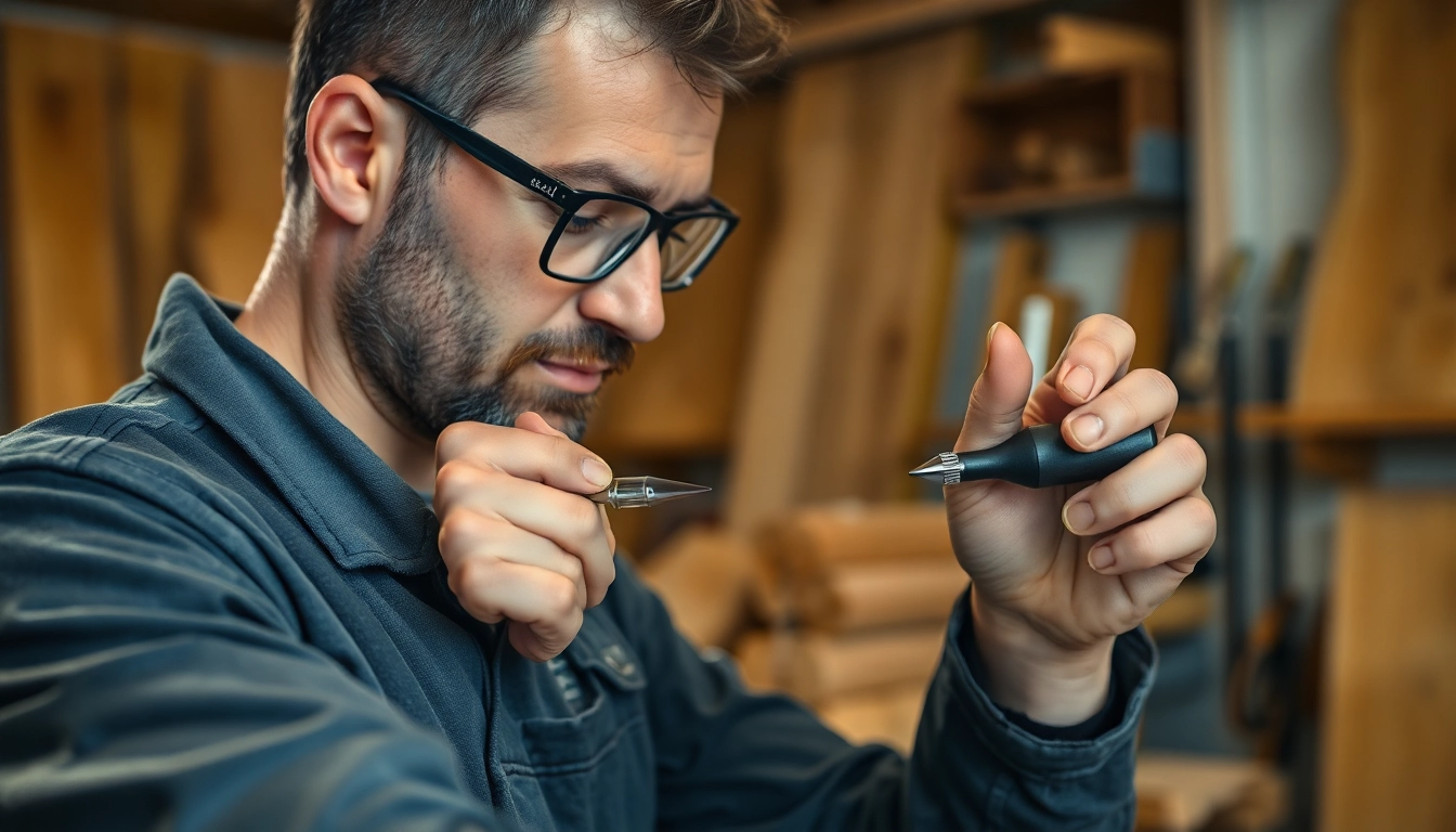 Präzises Arbeiten mit einem stemmwerkzeug in einer gut beleuchteten Schreinerei-Werkstatt.