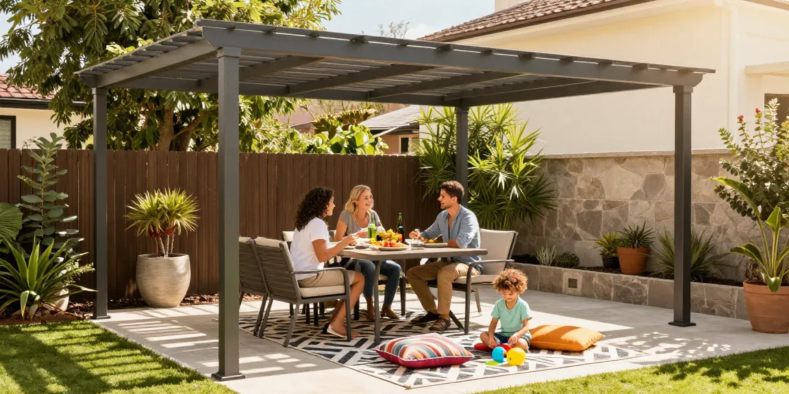 Moderne Terrassenüberdachungen bieten Schatten für entspannte Familienzeit im Freien.