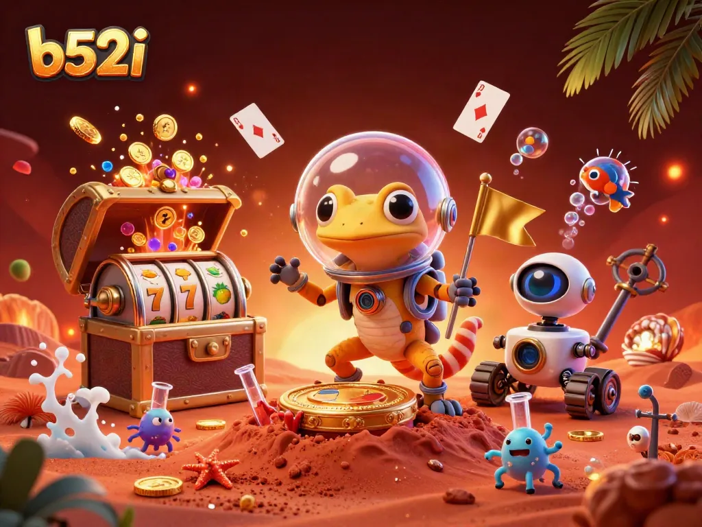 Engage with b52i at the golden casino, featuring a Martian gecko and vibrant slot elements.