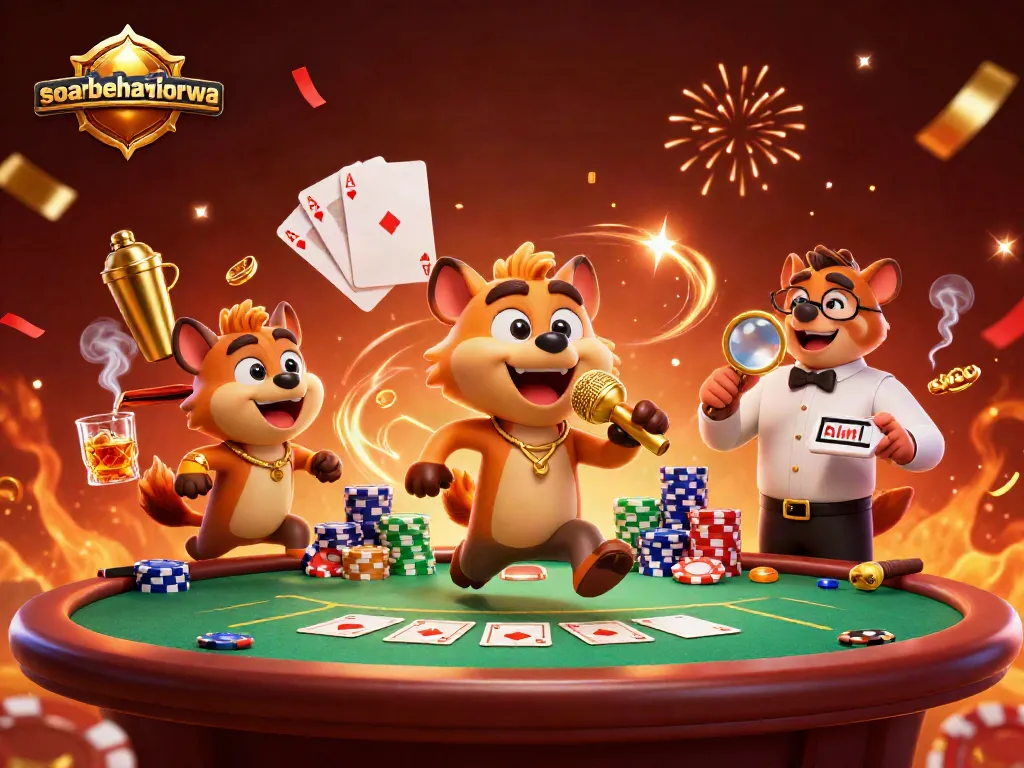 Engaging scene showcasing soarbehaviorwa hyenas hosting a lively comedy casino event with poker elements.