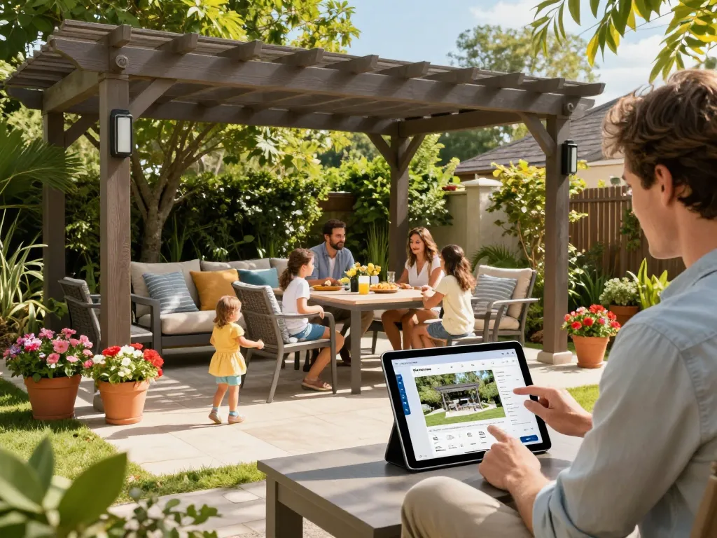 Familie, die ein maßgeschneidertes Pergola-Konfigurator-Design auf einem Tablet an einem sonnigen Patio genießt.