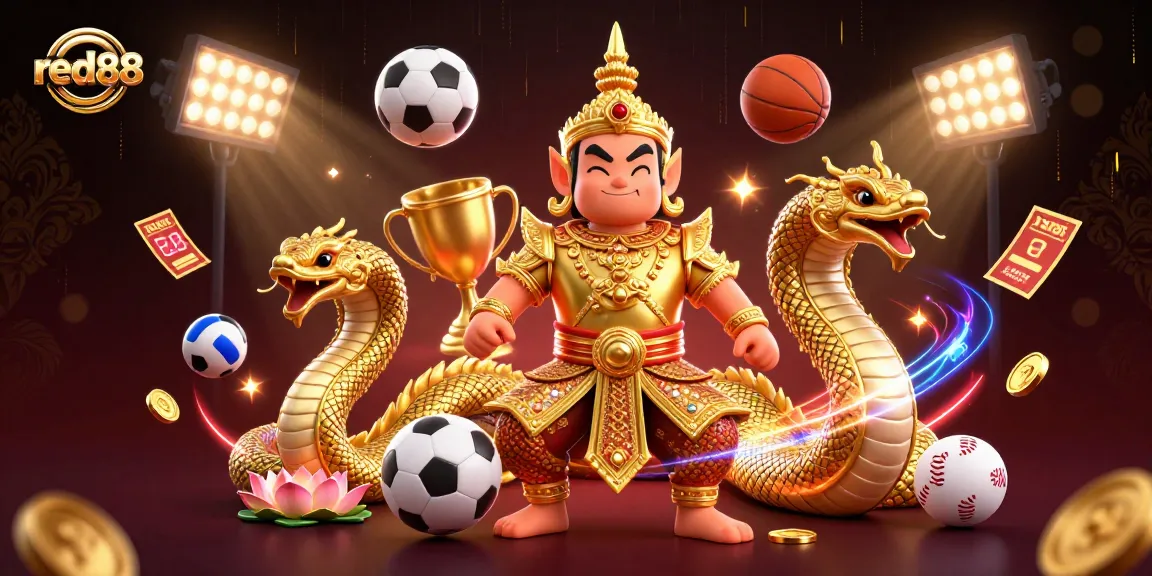 Bet on red88 with vibrant 3D sports betting scene featuring Thai guardian and dynamic elements.