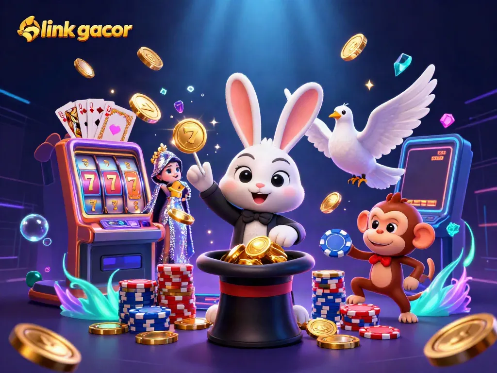 Watch the magician rabbit pull golden coins at the link gacor slot game, surrounded by vibrant casino elements.